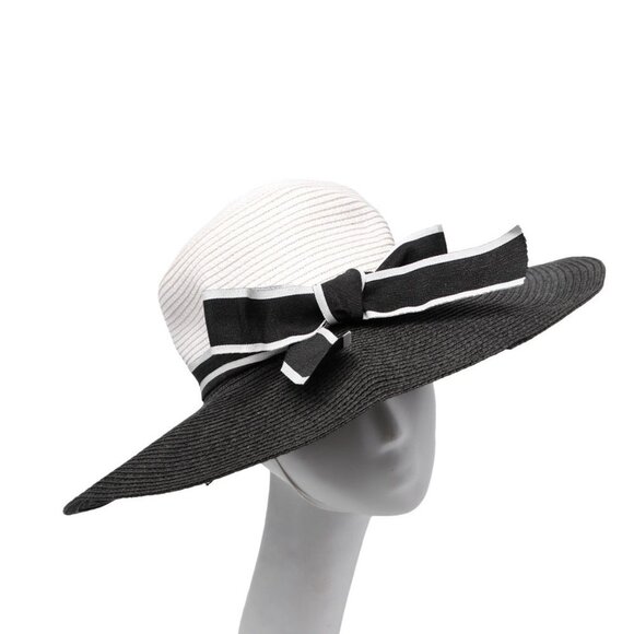 Large Brim Black White Summer Hat Ribbon Classic Faux Straw Wedding Party Event - Picture 9 of 10